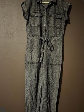 Sleeveless Washed Denim Jumpsuit with Tie Waist - Gray/Black